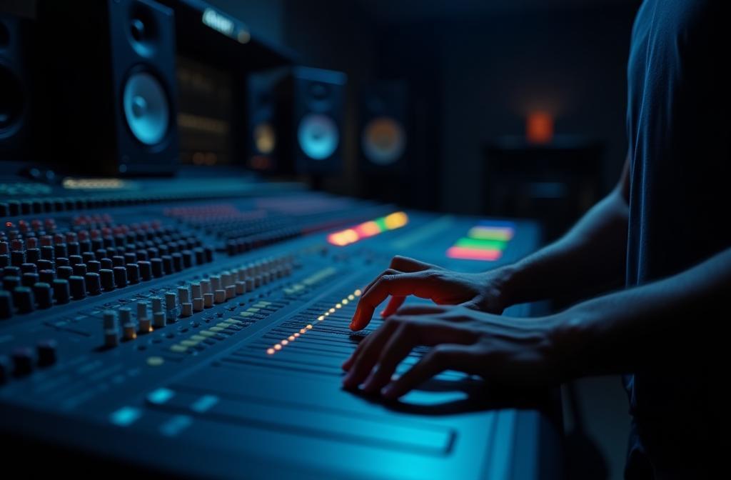 Person working with professional audio mixing console in a studio