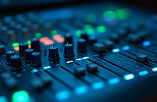Close up of audio equipment knobs and faders